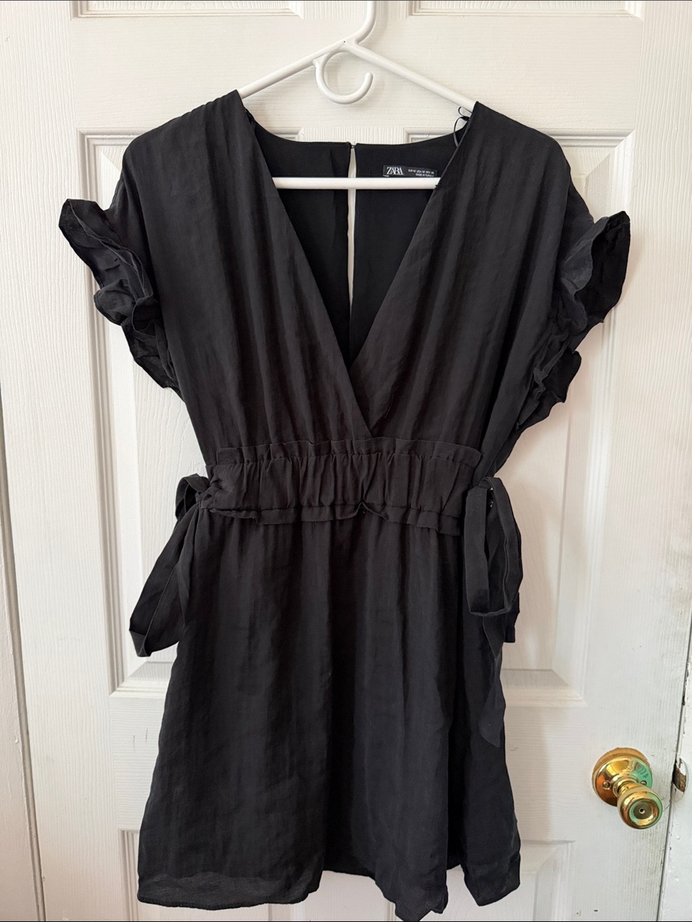 ZARA Black V-Neck Mini Dress with Ruffle Sleeves
